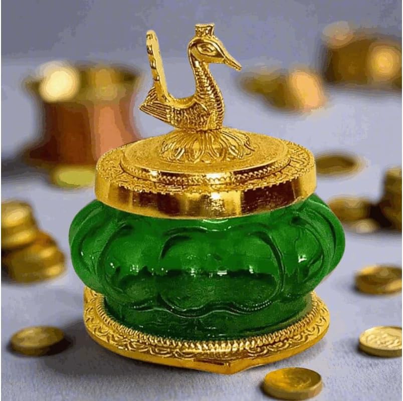 Kubera Lakshmi Akshaya Pot, Metal toughten Glass Pot Brings Prosperity, Good Luck, Financial for Home Temple|Puja|Pooja 4 x 3 inches (Green)