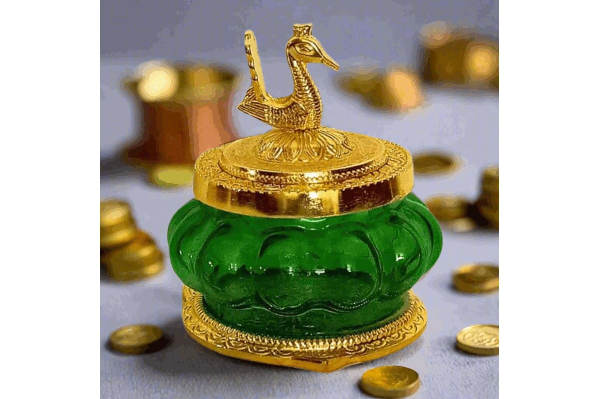 PUJA CELEBRATIONS Kubera Lakshmi Akshaya Pot, Metal toughten Glass Pot Brings Prosperity, Good Luck, Financial for Home Temple|Puja|Pooja 4 x 3 inches (Green)