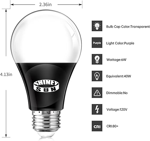 Miniatura 2 de Sunshiney Bombillas negras, bombilla negra A19 nivel UVA 395-405 nm, certificación ETL, 6 W (equivalente a 40 W), base E26, brilla en la oscuridad