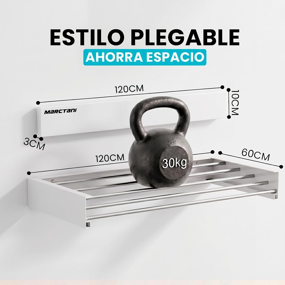 Marctani Tendedero Extensible Pared Ahorra Espacio - Tendederos Plegables ANTIOXIDANTES Interior o Exterior - Tendal Plegable Resistente 24 Pinzas - Tenderete de Ropa (Blanco, 120 CM)