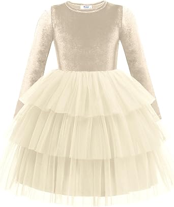 Arshiner Toddler Velvet Dress Tiered Tulle Fall Party Long Sleeve Dresses