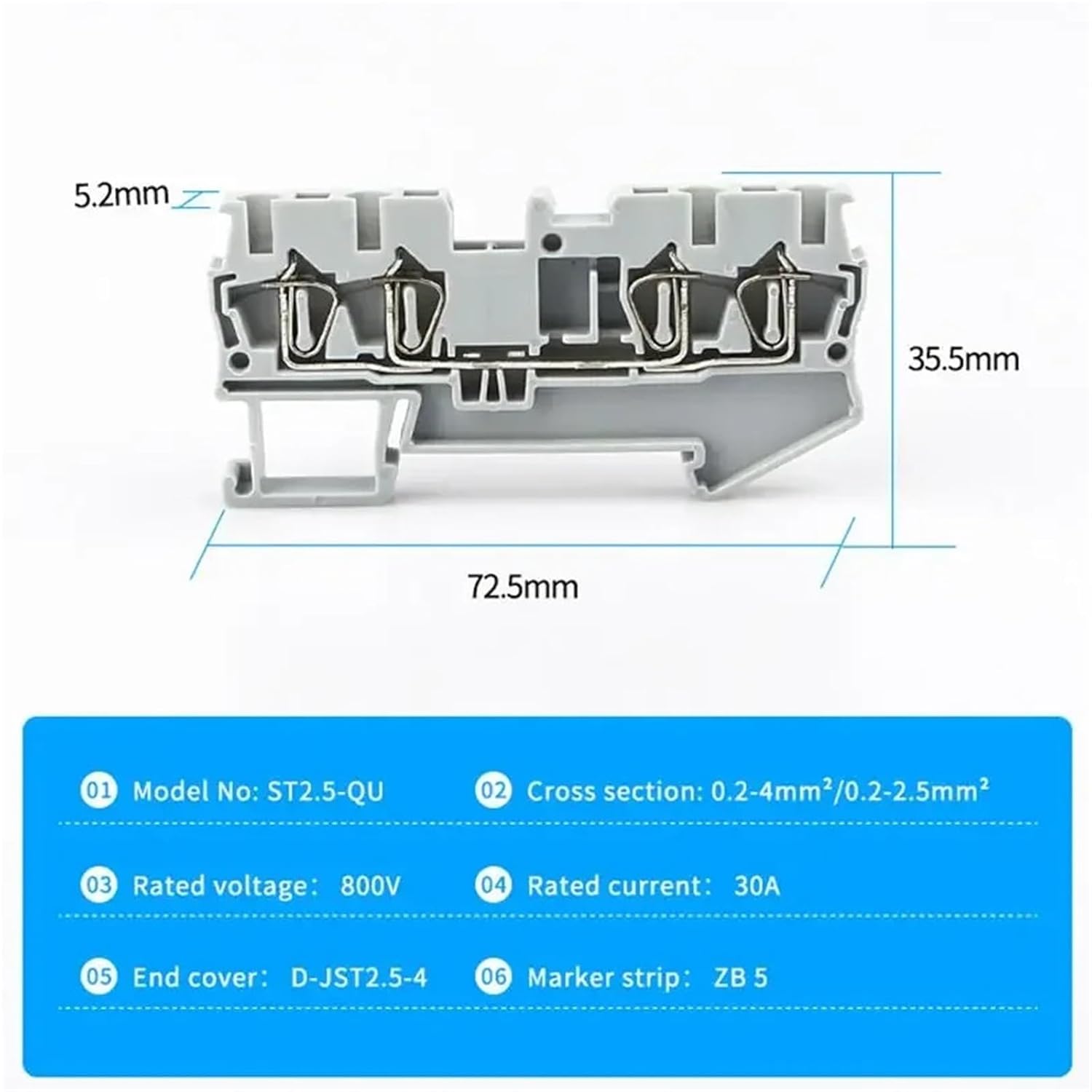 10Pcs Din Rail Terminal Block ST-2.5-Quattro Wire Connectors Pull Type 4 Conductors Spring Wiring Terminal Blocks(Green)