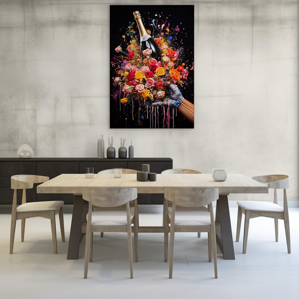 Canvas for Living room. Celebratory Elegance Meets Artistic Chaos: A Bold Fusion of Champagne and Colorful Splatter, 27 x 18 inch Canvas Wall Art - Contemporary Masterpieces - Modern Home Decor