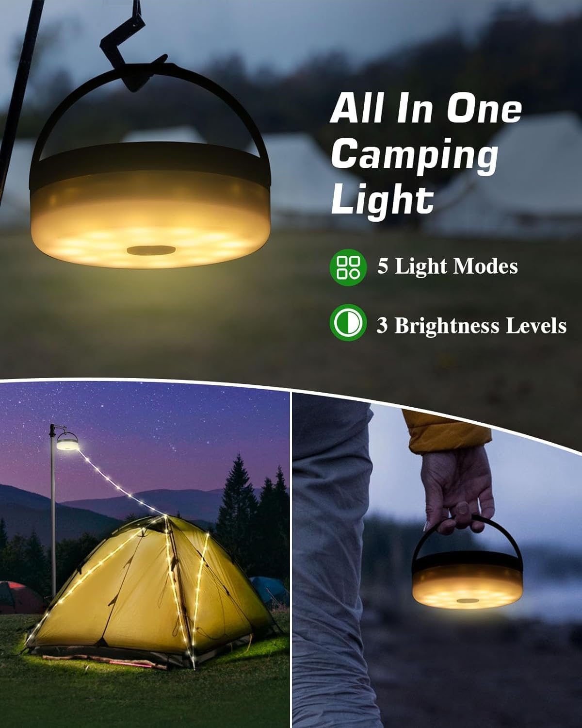 Outdoor solare impermeabile portatile retrattile stringa Light, 3 in 1 Camping String Light, 8 modalità di illuminazione (40 piedi) all'esterno, solare / USB lampada da tenda ricaricabile per