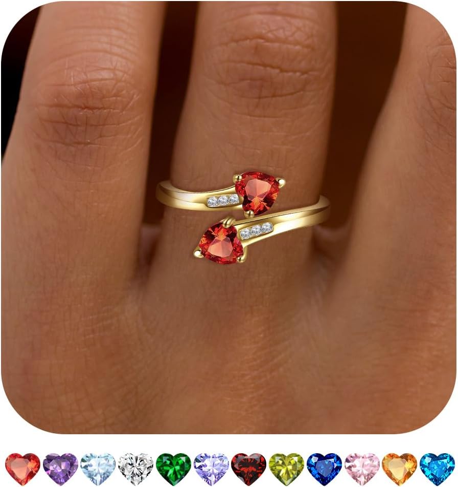 1CT Adjustable Women Heart Ring 14K Gold Plated Birthstone Rings for Women Promise Ring for her Simulated Gemstone Statement Stackable Band Width 2mm Open Size 5~9