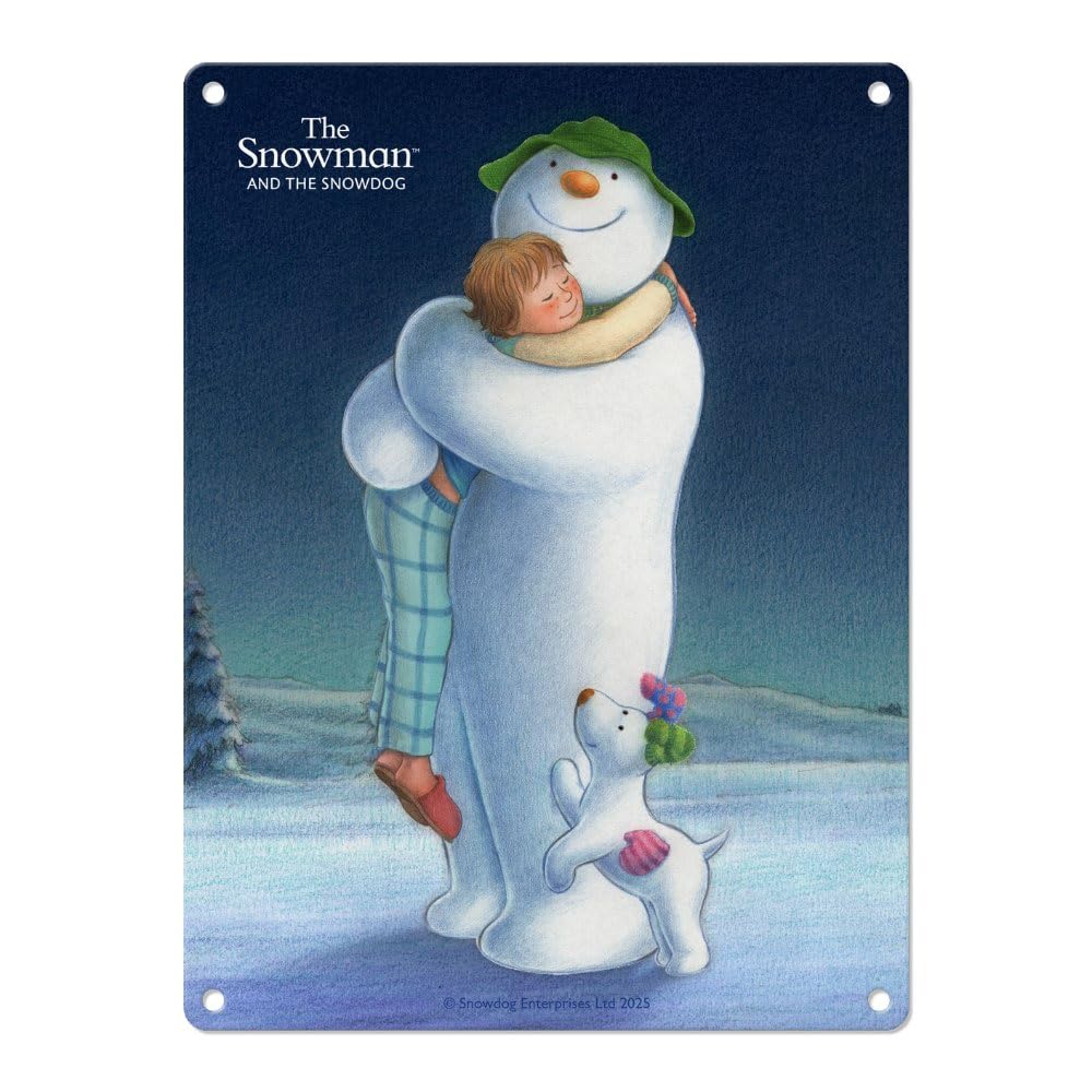 Small (150 x 200mm) Metal Sign - The Snowman and the Snowdog (Trio Hugging)