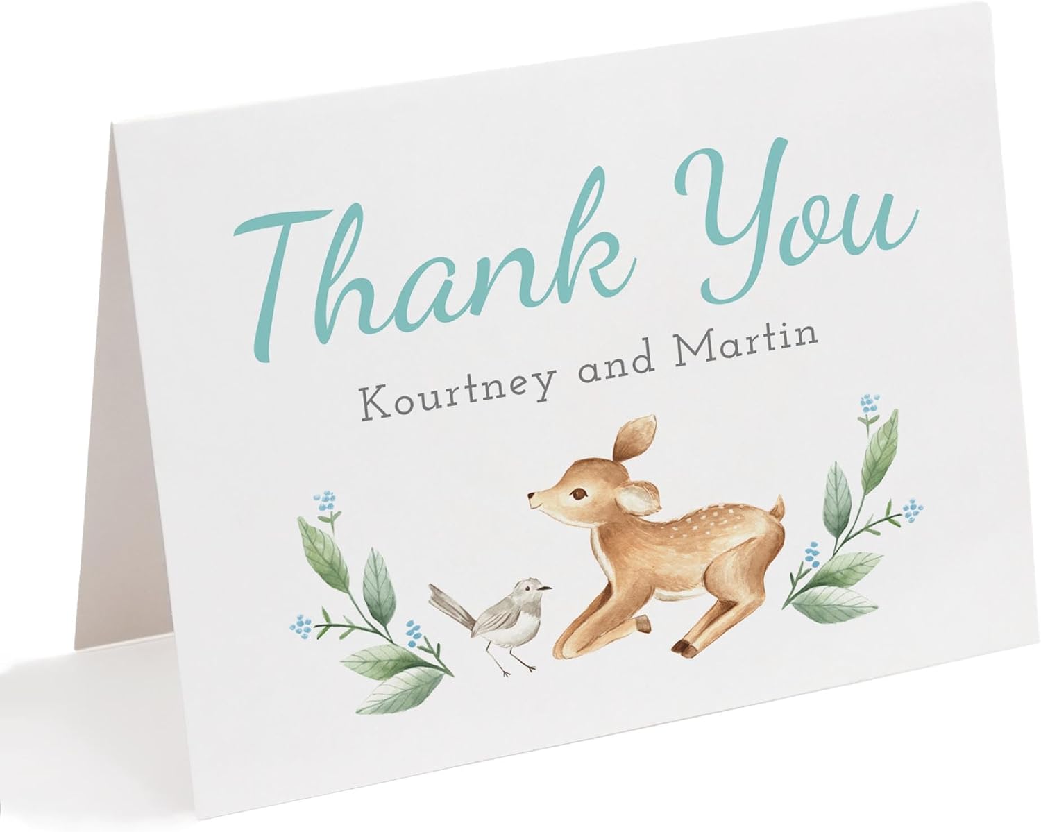 Woodland Deer Folded Thank You Cards, Personalized with Names, Blank Inside, 5.5x4.25 Any Occasion Cards for Birthdays, Baby Showers, Envelopes Included