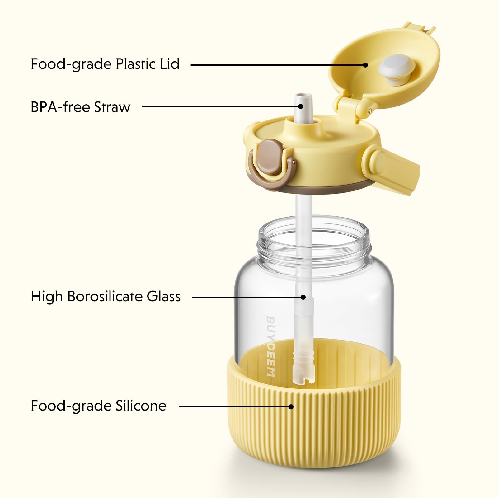 BUYDEEM DG710 Glasflasche mit Strohhalm, 1000 ml, Mellow Yellow
