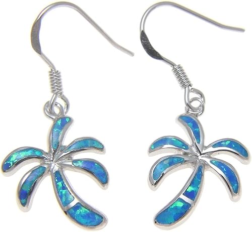 Pendientes de gancho de alambre de palmera hawaiana de plata de ley 925 maciza con incrustaciones de ópalo sintético, Piedra Ópalo simulado, Ópalo