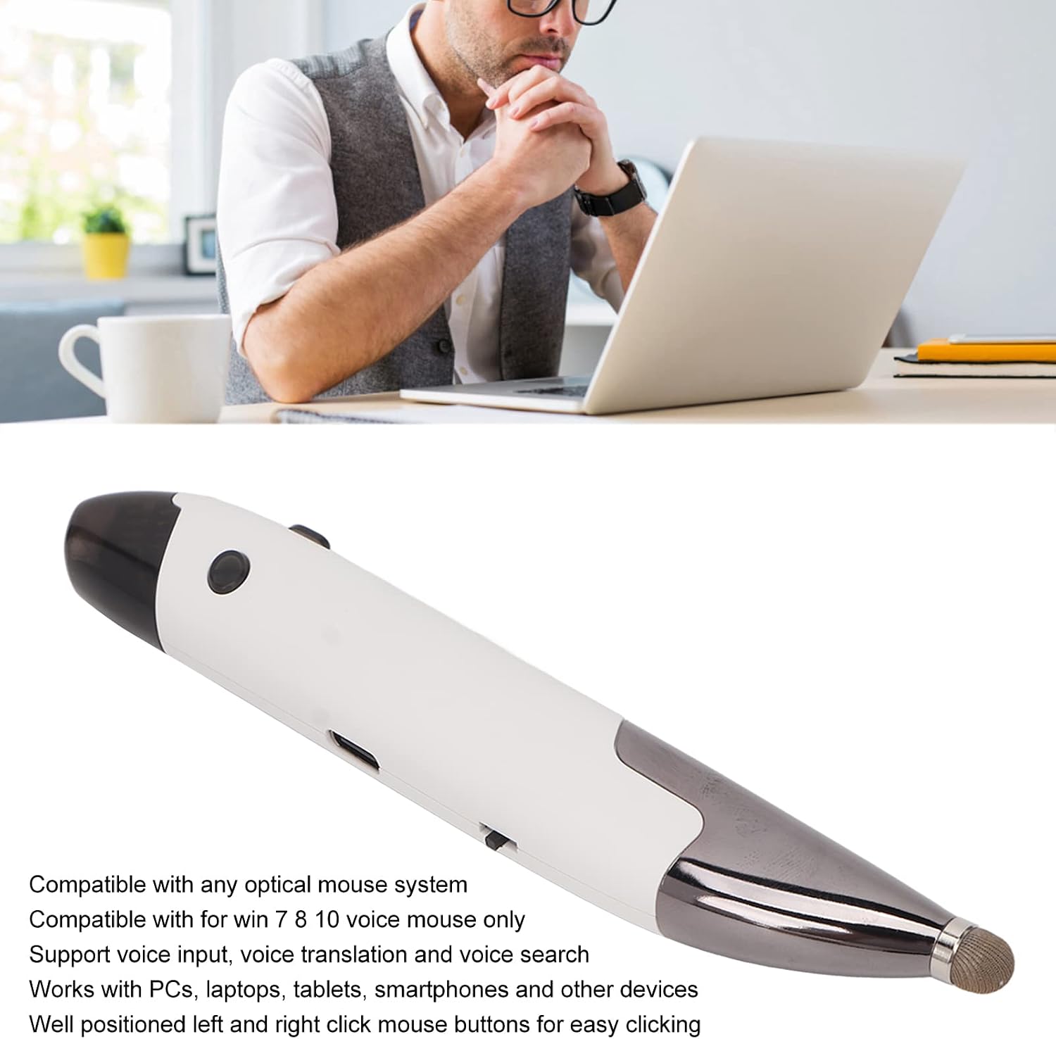 USB-мышь с перьевым курсором для планшета, ПК и ноутбука, беспроводная, дальность действия 33 фута, разрешение 1600 DPI, голосовой ввод, совместима с Windows 7, 8, 10 (белая)