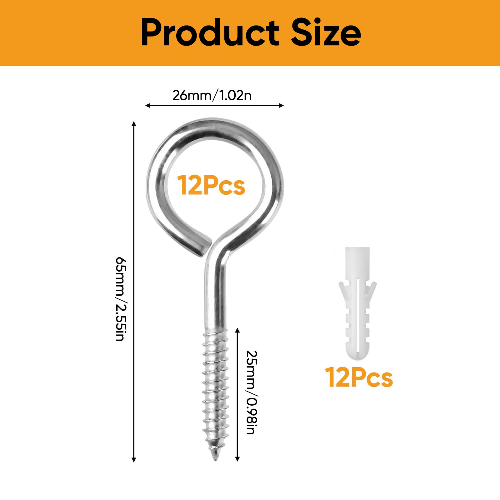 Lot de 12 crochets à œillet à vis pour jardin : vis à œillets M5 x 25 x 65 en acier inoxydable – Capacité de charge de 35 kg – Crochets à œillets robustes pour intérieur et extérieur pour suspendre