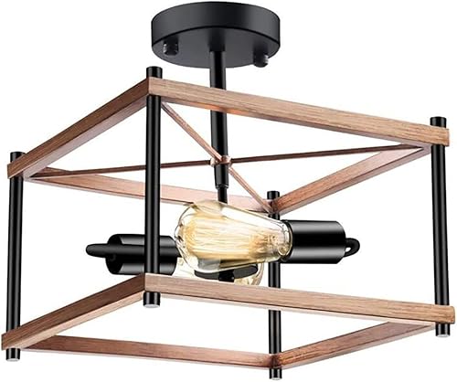 Lámpara de techo industrial vintage de 2 luces, lámpara de techo de base redonda de metal negro, lámpara de techo semiempotrada cuadrada de color