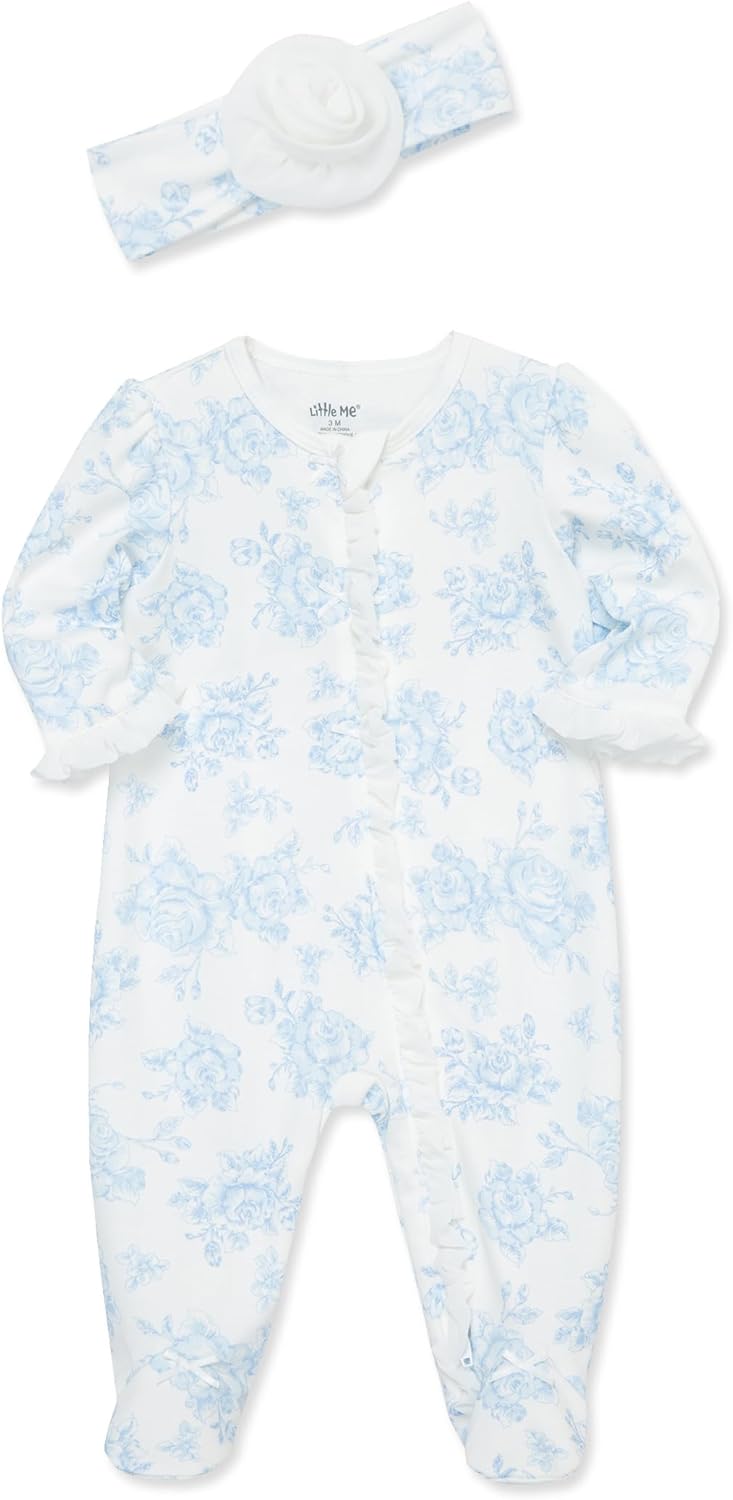 Little Me Clothes for Baby Girls 100% Cotton 2Pc Zipper Closure Footie and Headband Set, Baby Essentials, Preemie to 9 Months - Image 3