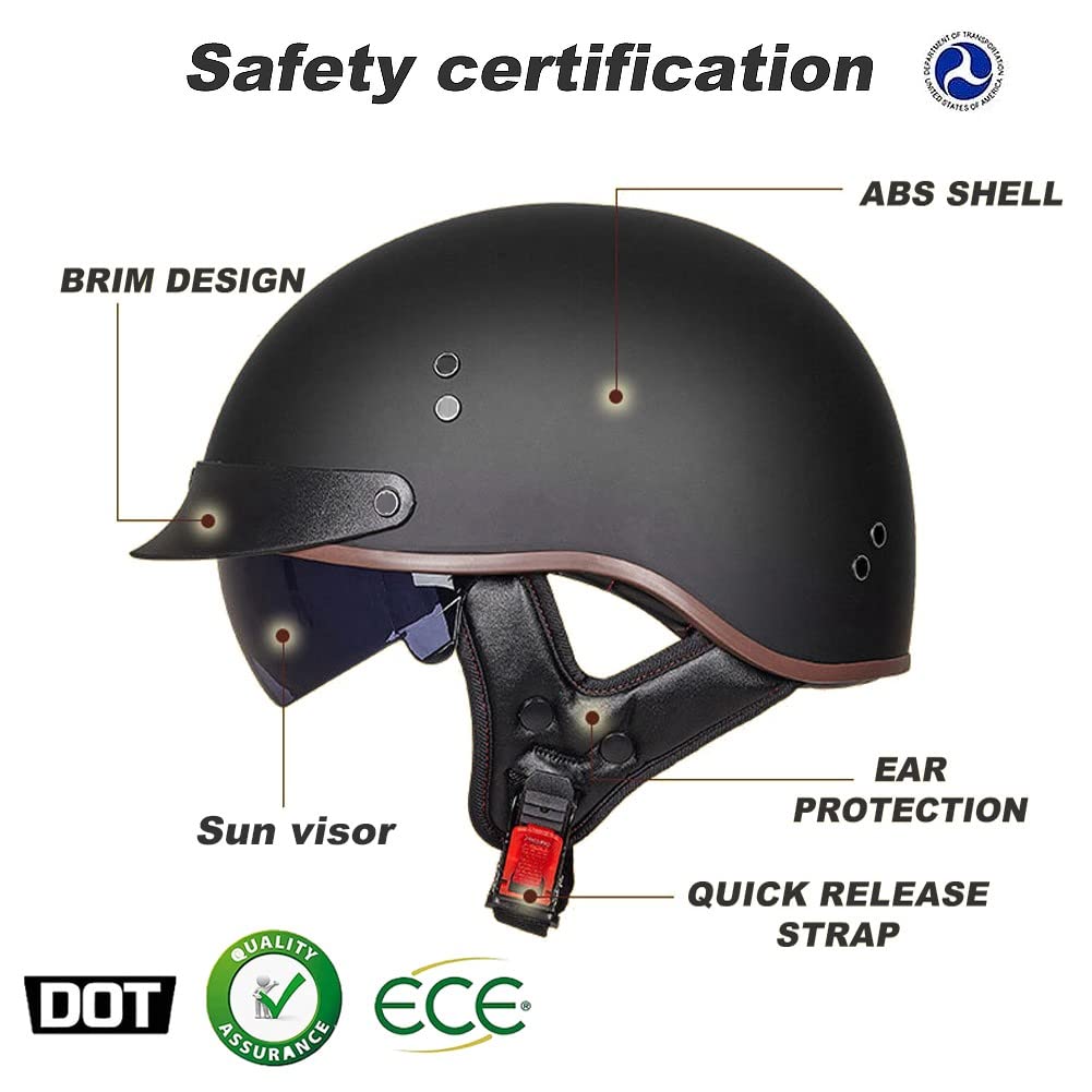 Demi Casque De Moto, Casque Jet Rétro, Casque Bol Moto Homologué ECE, Casques Vintage à Face Ouverte, avec Pare-Soleil et Doublure Intérieure Amovible, pour Vélos Motos Scooter
