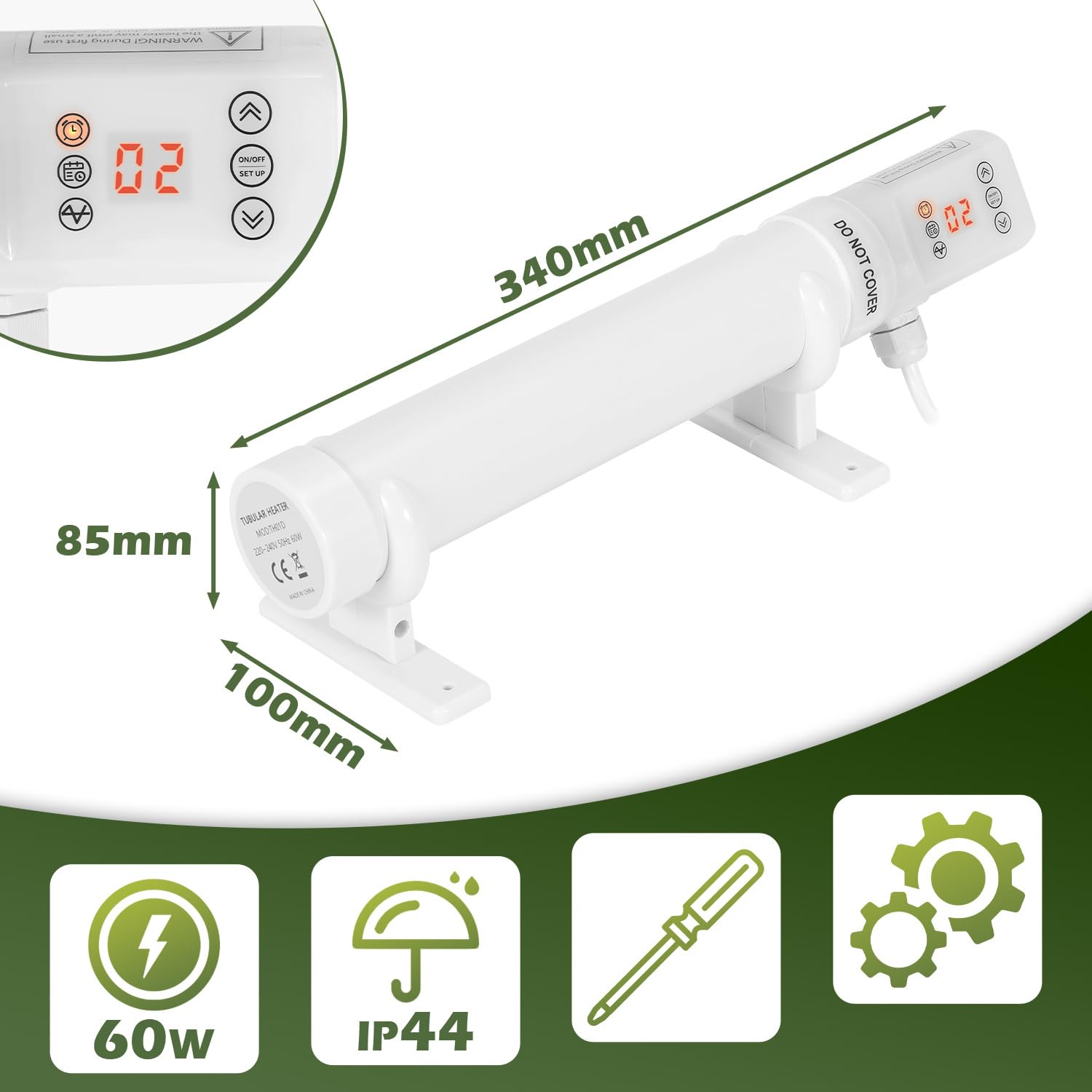 Riscaldamento a serra, 60 W, con timer termostatico, calendario e funzione ciclo, 34 cm, serra per piante, casetta da giardino, serre