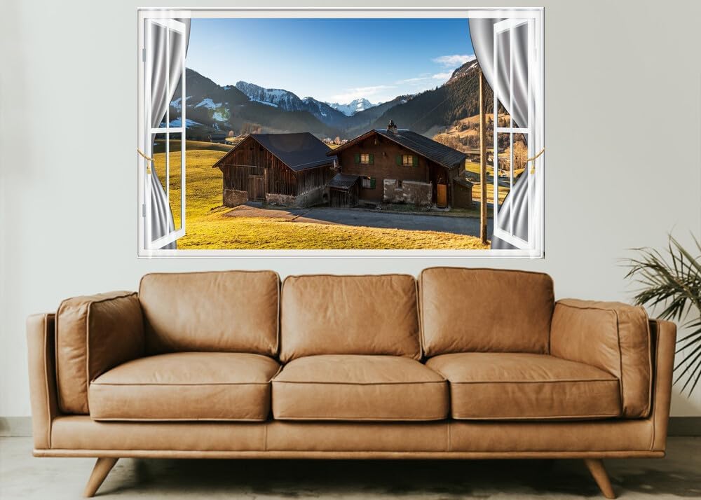 JZZE10974 Switzerland Mountains Houses Chateau D 'oex Alps| Self-Adhesive Open Window Wall Sticker