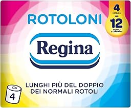 Regina Rotoloni - 4 Maxi Rotoli di Carta Igienica, 500 Fogli a 2 Veli, Lunghi Più del Doppio dei Normali Rotoli, Confezione 50% in Plastica Riciclata, Carta 100% Certificata FSC