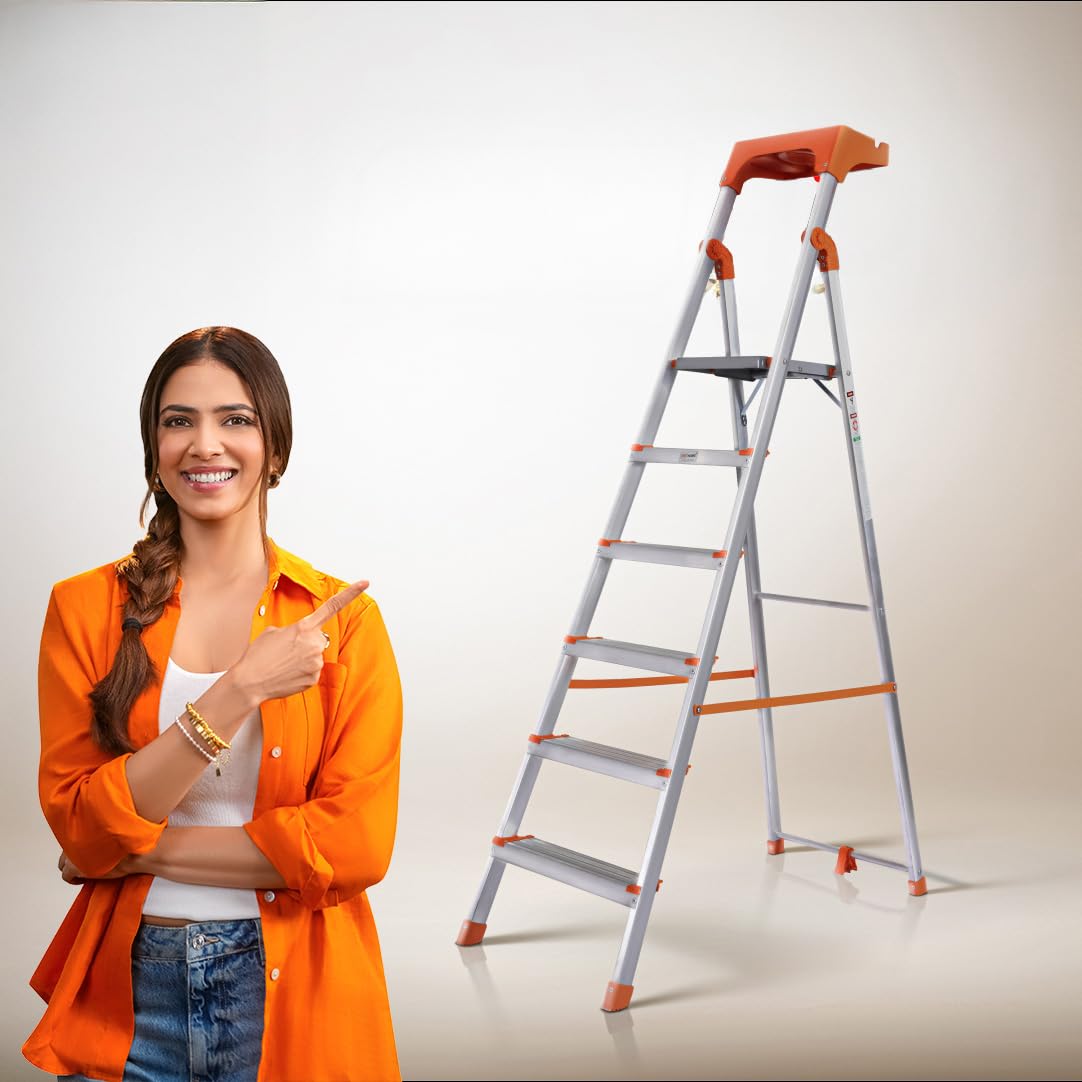PROHOME Aluminium Ladder for Home 6 Steps Foldable with Tool Tray & Anti-Skid Wide Steps | Multi-Purpose Heavy Duty Ladder, Kitchen & Household | 250 Kg Load Capacity | 5 Year Warranty (Orange)-image-41