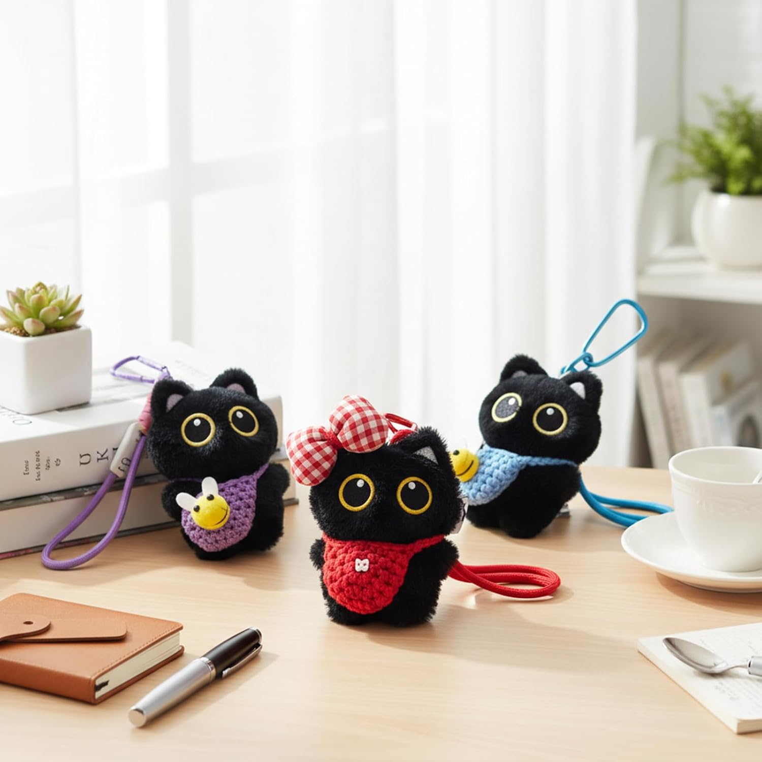 3 PCS Cat Plush Keychain, Black Cat Bag Charm, Cute Keychains for Handbags, Red Blue Purple Cats Purse Charms, Soft Cats Bag Charms for Handbags, Keychains for Keys - Image 4