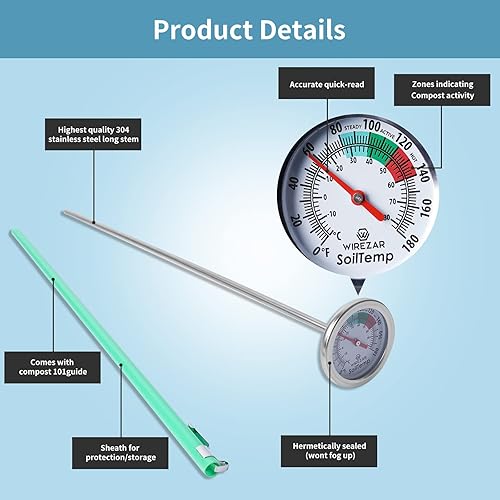 Miniatura 7 de Termómetro de suelo de compost, termómetro impermeable de temperatura del suelo, vástago de acero inoxidable de 16 pulgadas, ideal para suelo,