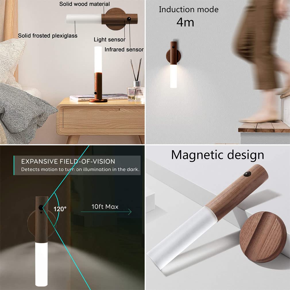 VOMI Wandlamp op batterijen met bewegingsmelder, draadloos, houten wandlamp, binnen, led, USB-oplaadbaar, nachtlampje, magnetische kastverlichting, bewegingssensor, traplicht, kinderkamer