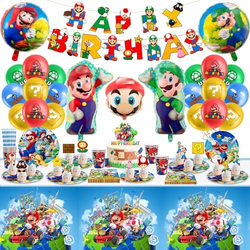 86Pcs Mro Birthday Party Decorations, Game Theme Party Tableware, Happy Birthday Banner, Cake Toppers, Foil Balloons, Party Plates Cups and Tablecloth, Birthday Decorations Supplies for 10 Guests