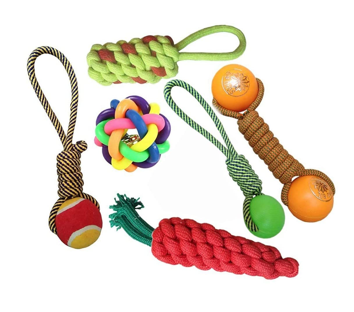 Pet Needs Combo of 6 Cute Woven Ringing Ball Cotton Rope Carrot Dumbbell Tug Toys for Small Puppy/Pets- (Multi Color)