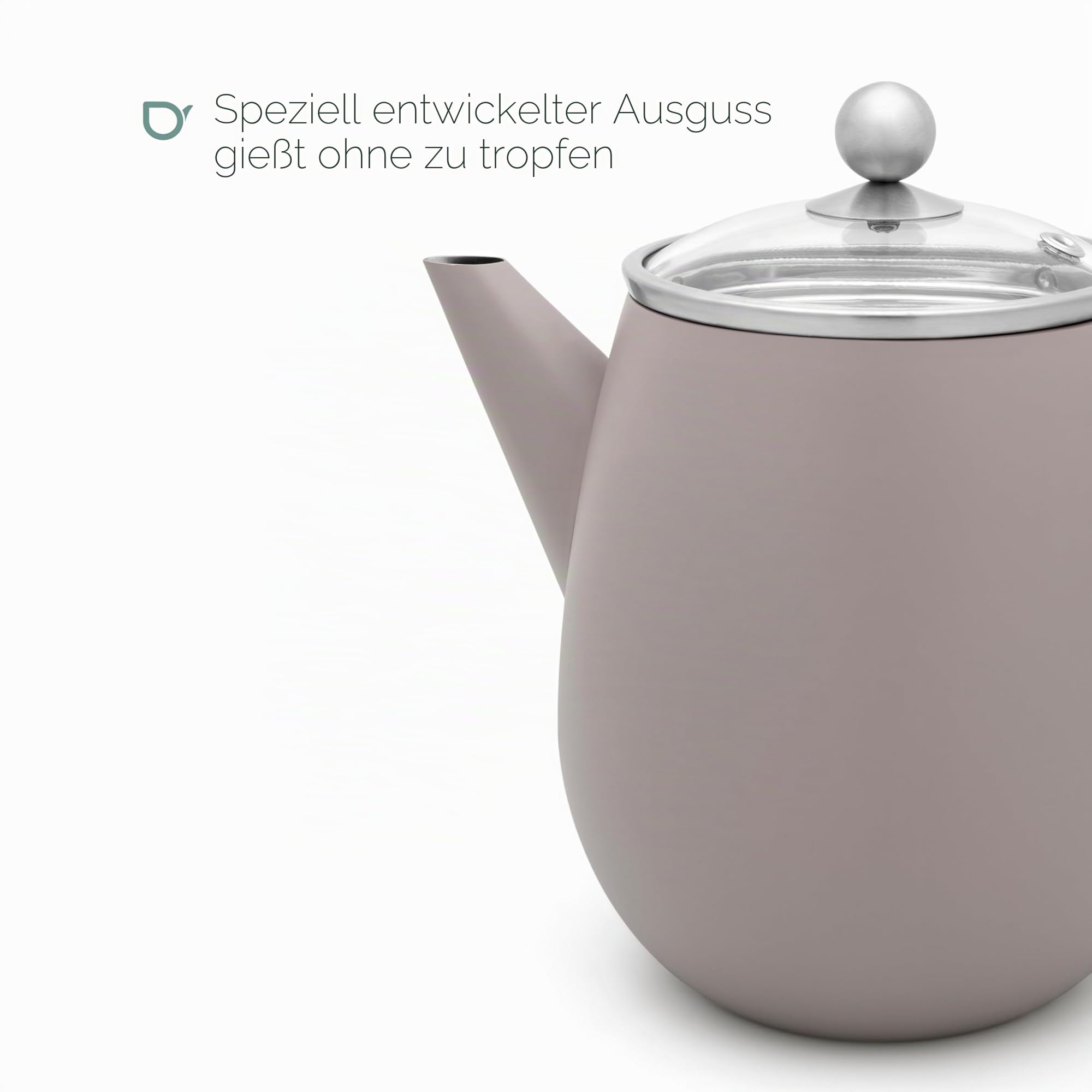 Bredemeijer graue doppelwandige Teekanne 1.1 Liter - isolierende Edelstahl Kanne mit Glasdeckel & Tee-Filter-Sieb | Doppelwandige Tee Kanne für bis zu 1 Stunde warmen Tee, Teezubereiter mit Glasdeckel und Teesieb, tropffreies Ausgießen