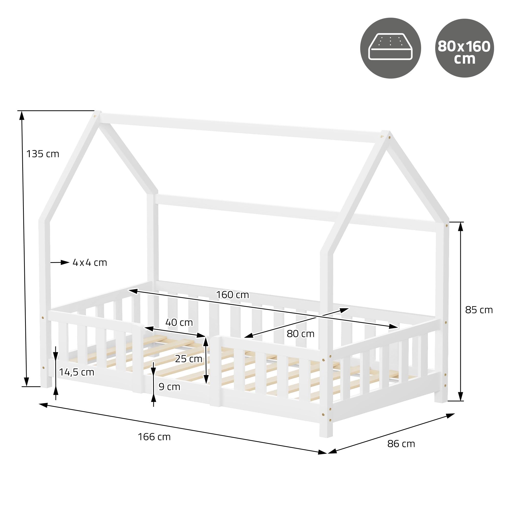 ML-Design Kinderbett Hausbett 80x160 cm mit Rausfallschutz, Dach & Lattenrost, Weiß, Bettgestell aus massivem Kiefernholz, Montessori Bodenbett, Holzbett für Mädchen & Jungen, Jugendbett, Einzelbett