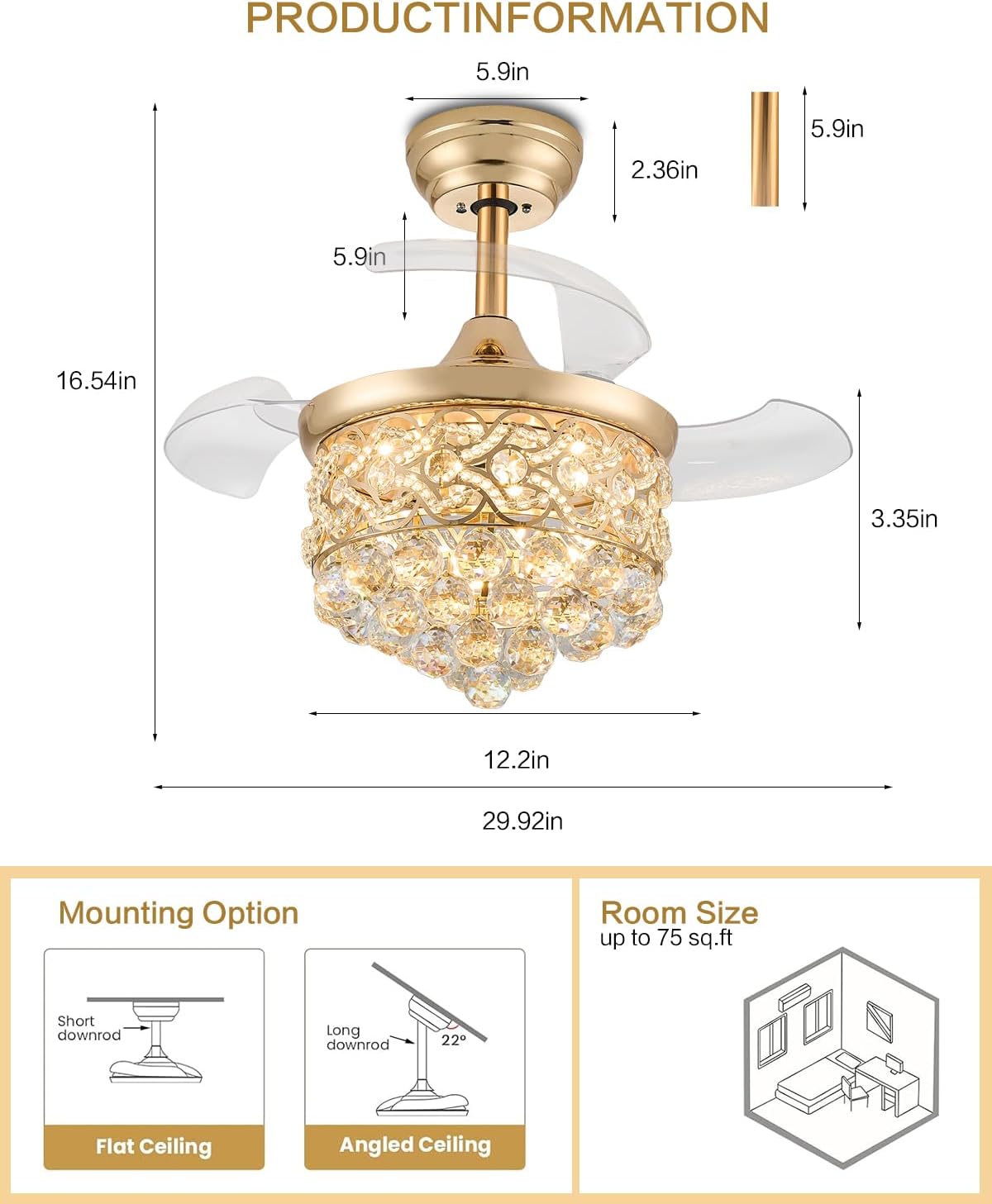 30" Dimmable fandelier Ceiling Fan with Light, Retractable Chandeliers Ceiling Fans with Lights, Crystal Fandeliers with Lights and Remote for Bedroom Living Room, Gold