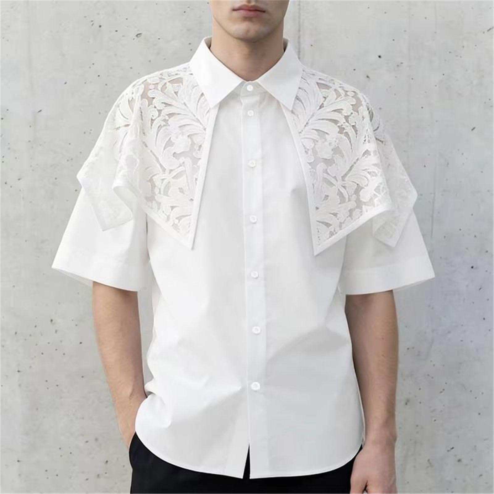 Chemise Homme Dentelle Patchwork, Transparente Ample Sexy Manches Courtes été