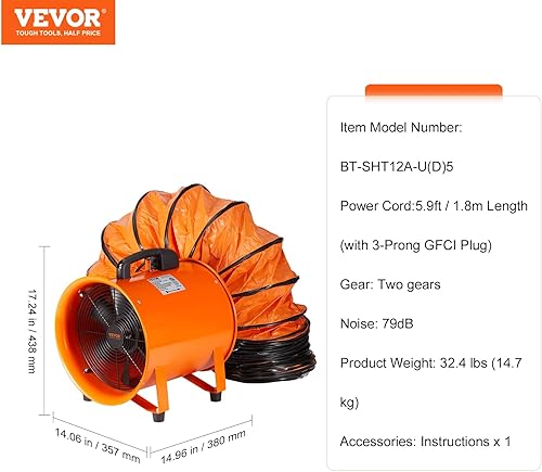 Miniatura 2 de VEVOR Ventilador de ventilador utilitario de 12 pulgadas, ventilador de escape axial de cilindro resistente de 2 velocidades 2894 CFM con manguera