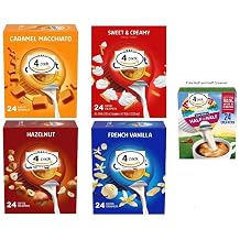 Creamer Singles Variety Bundle 4 Flavors Sweet Cream, Caramel Macchiato, French Vanilla & Hazelnut 4 Boxes of 24 creamers in Total with free box of 24 Half and Half Creamer