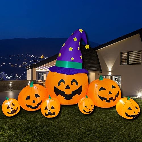 Poptrend Decoraciones inflables de Halloween, 8.2 pies inflables 7 calabazas con sombreros de bruja al aire libre, Halloween, decoración de patio,