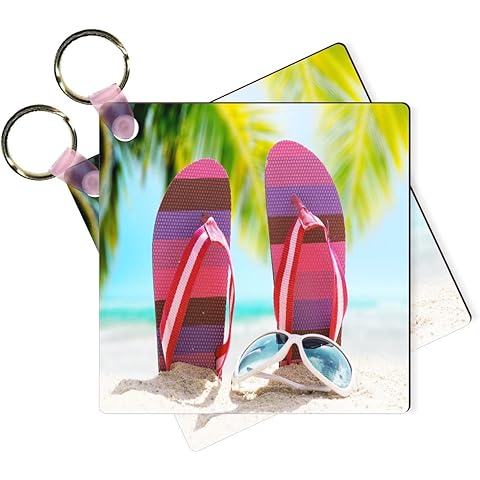 Sam Sandor Flip-Flops on Beach Pink Key Chains - 2.25 Inch Square - Keychains