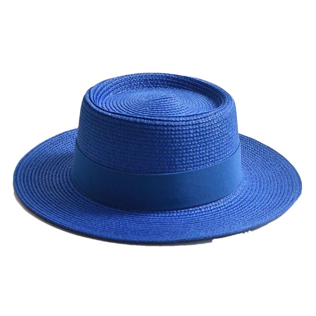 EYRMQWJPC Wide Brim Sun Hat, Women Summer Straw Sun Hat Flat Brim Ribbon Beach Travel Dress Multicolor(Blue)