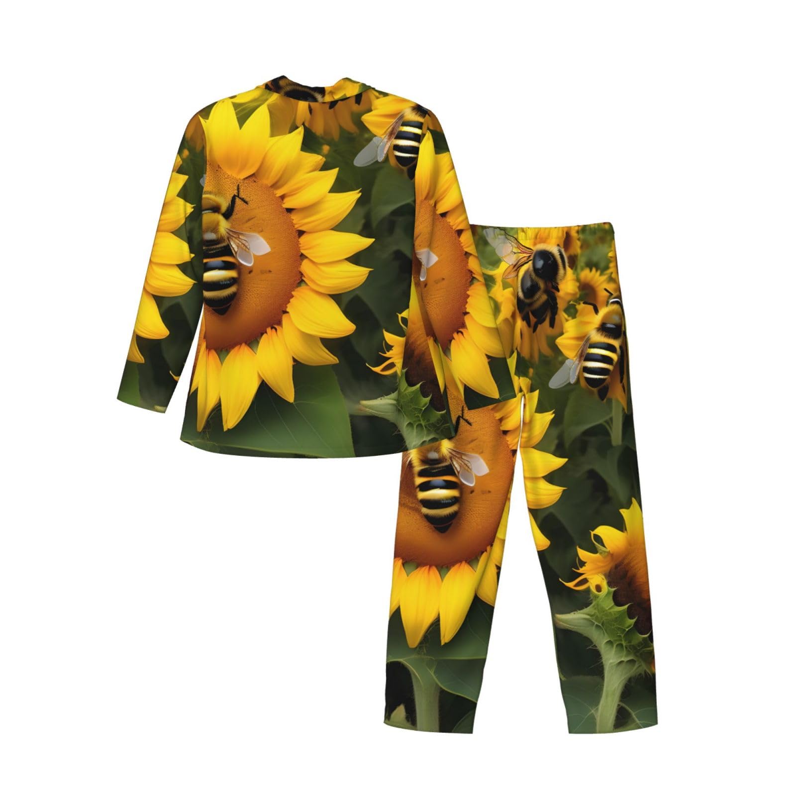 Conjunto de pijama de manga larga para hombre con estampado de abejas de girasol, ropa de dormir transpirable y cómoda
