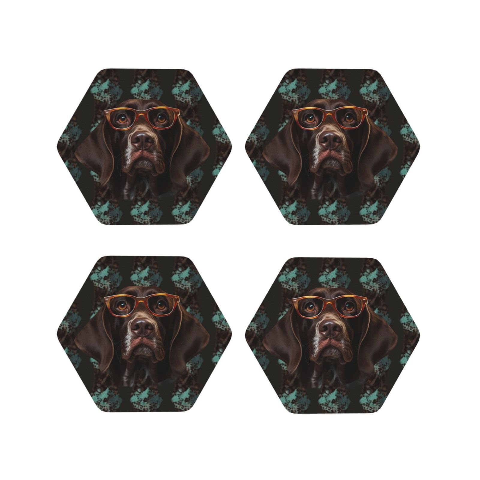 4Pcs PU Leather Coaster for Drinks, German Shorthaired Pointer in Glasses Cup Coastersr 4" Cup Mat Pad, Aesthetic Drink Coasters for Coffee Table, Hexagon Coaster for Tabletop Protection