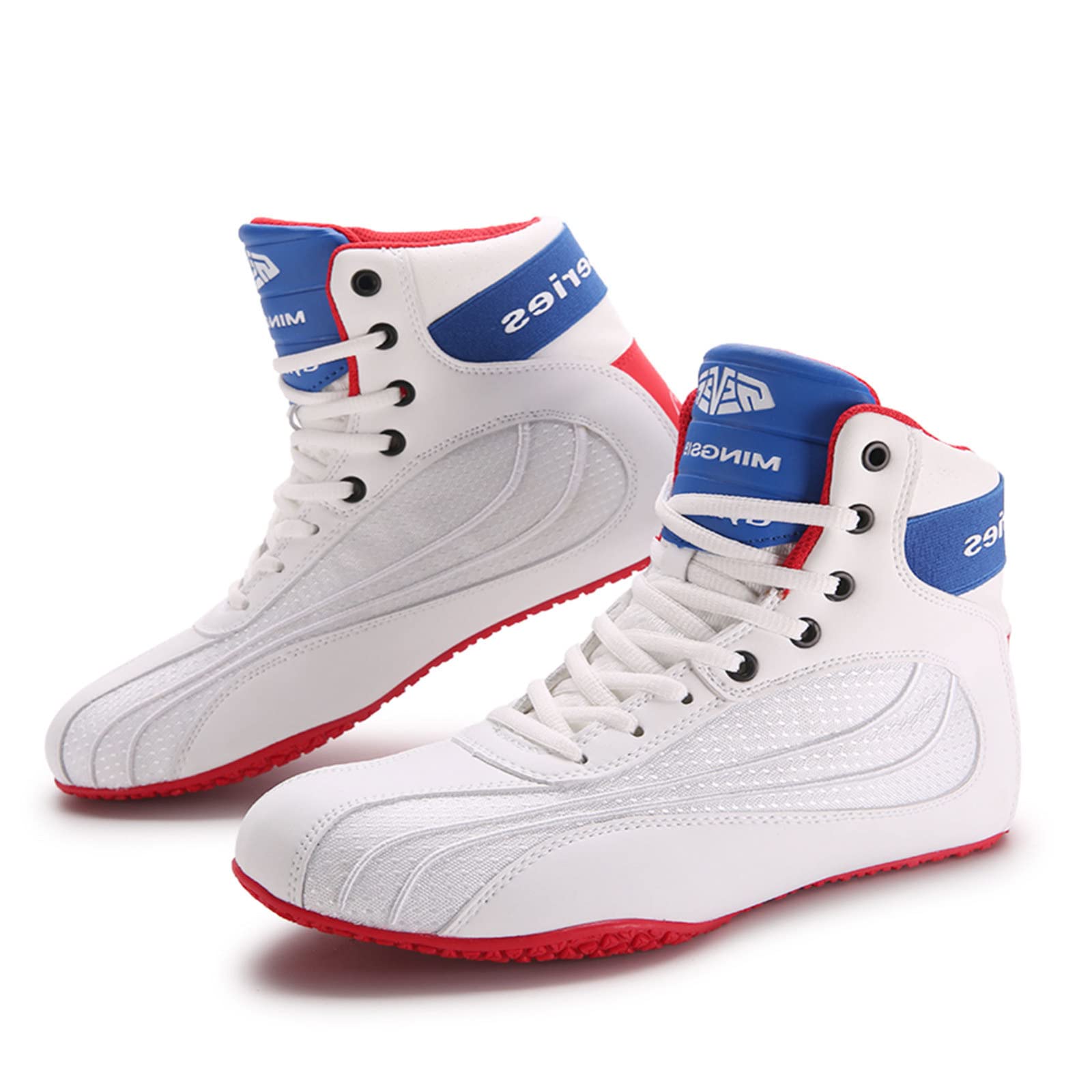 ZKHD Buty bokserskie męskie buty zapaśnicze, młodzieżowe kickboxing, sparing, bokserki, obuwie bokserskie, oddychające buty bokserskie, biało-czerwone, 45 EU