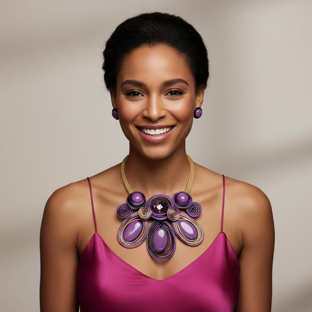 Statement Necklace and Earring Set, Purple Spiral Wire Design with Iridescent Stones,Gold Mesh Chain - Image 4