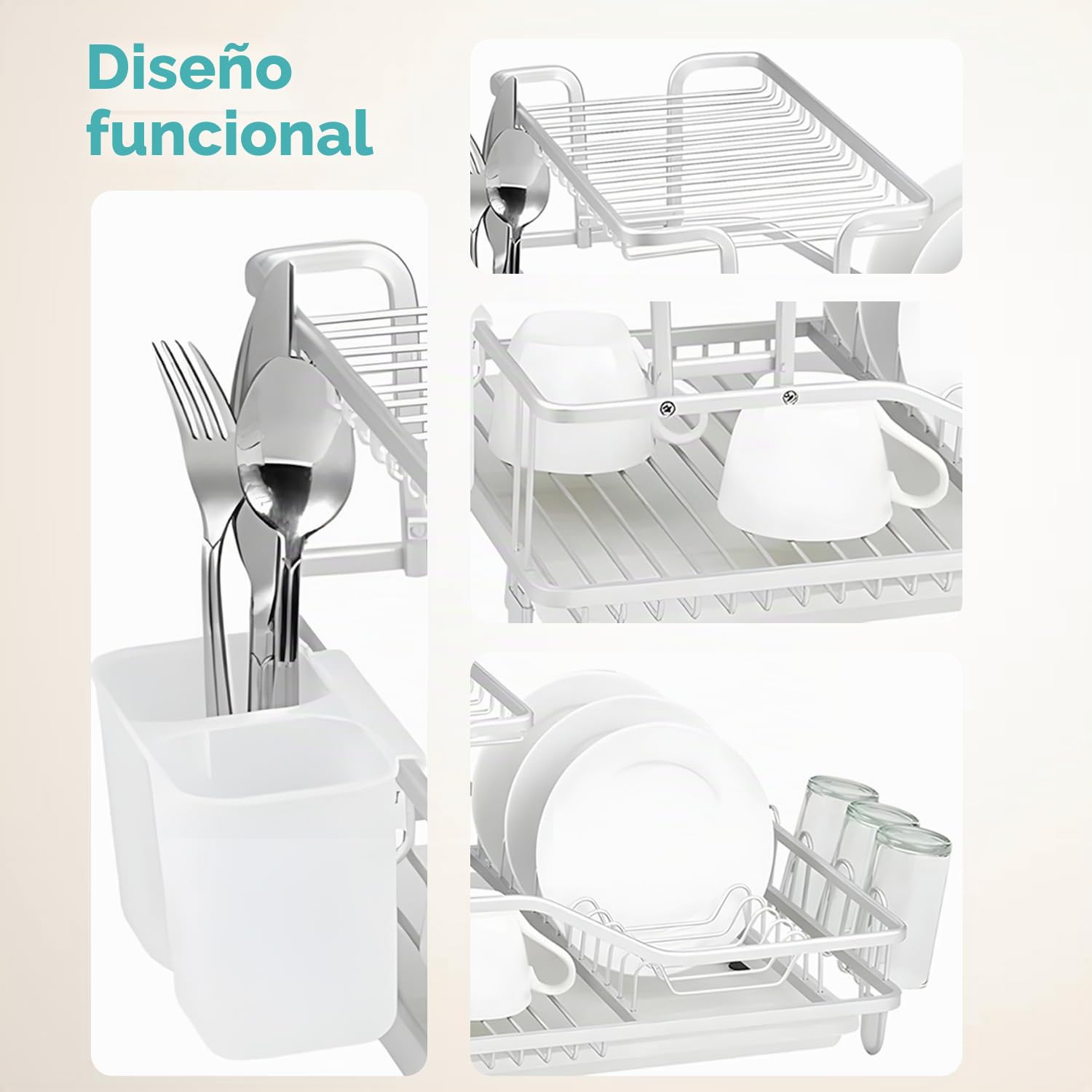 Wintem Escurreplatos de 2 Niveles de Aluminio antioxidante 55,5 x 35 x 27,3 cm Blanco – Incluye portavasos en el Lado del Nivel Superior, Patas Antideslizantes, Accesorios extraíbles y Divisor