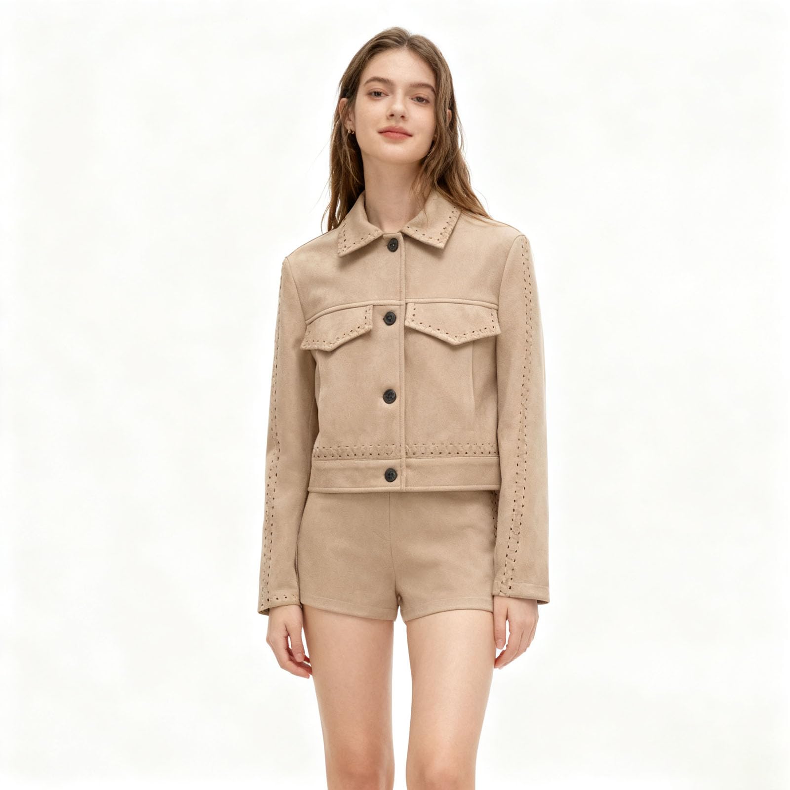 Chaqueta corta de gamuza sintética para mujer, abrigos de invierno beige, ropa de exterior, casual, ligera, moderna, chaquetas de cuero para salir