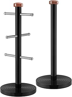 Tower T826002RB Linear Kitchen Roll Holder and Mug Tree with Weighted Base, Stainless Steel, Black and Rose Gold, 15 x 15 x 36.5 cm