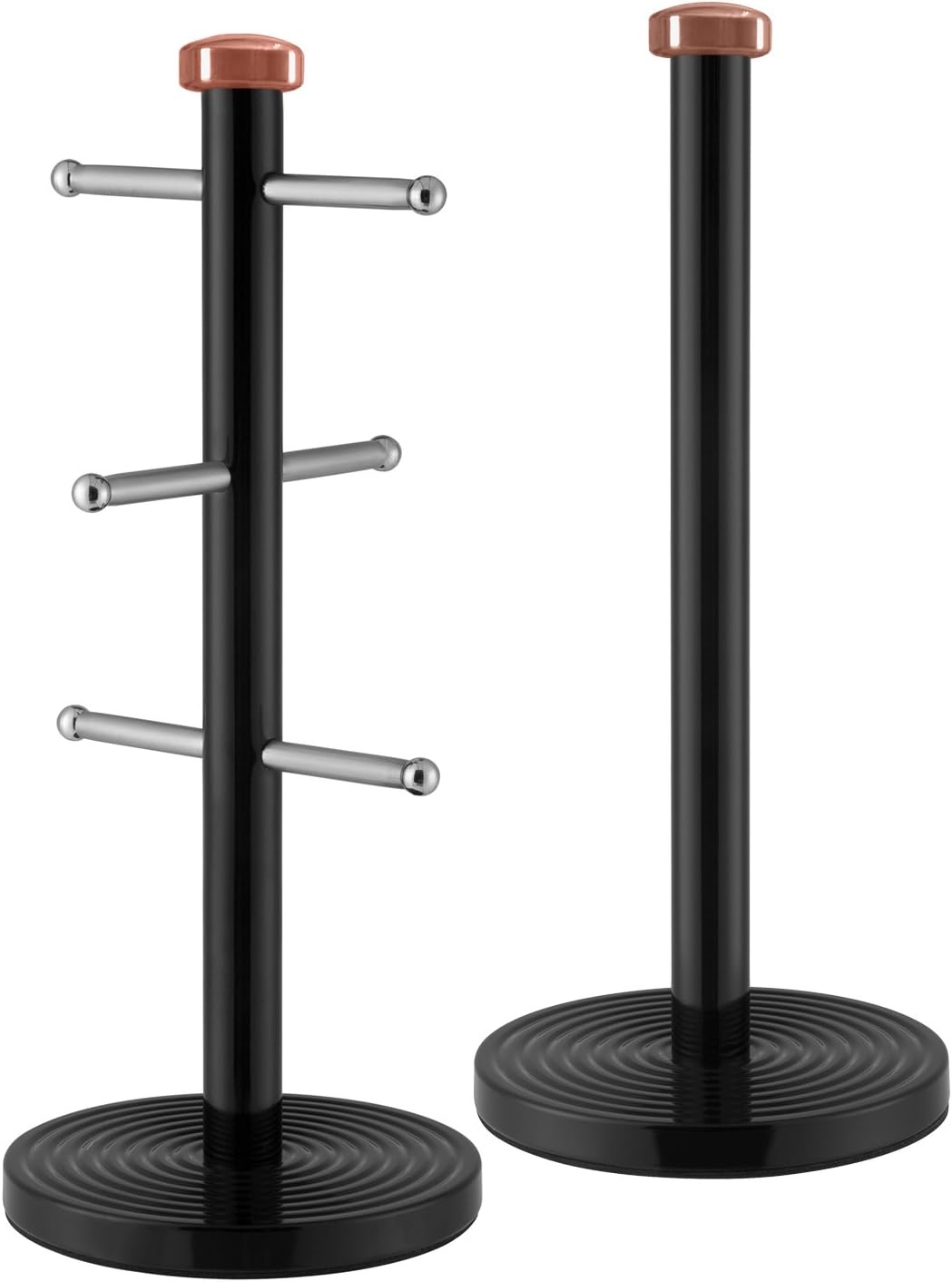 Tower T826002RB Linear Kitchen Roll Holder and Mug Tree with Weighted Base, Stainless Steel, Black and Rose Gold, 15 x 15 x 36.5 cm