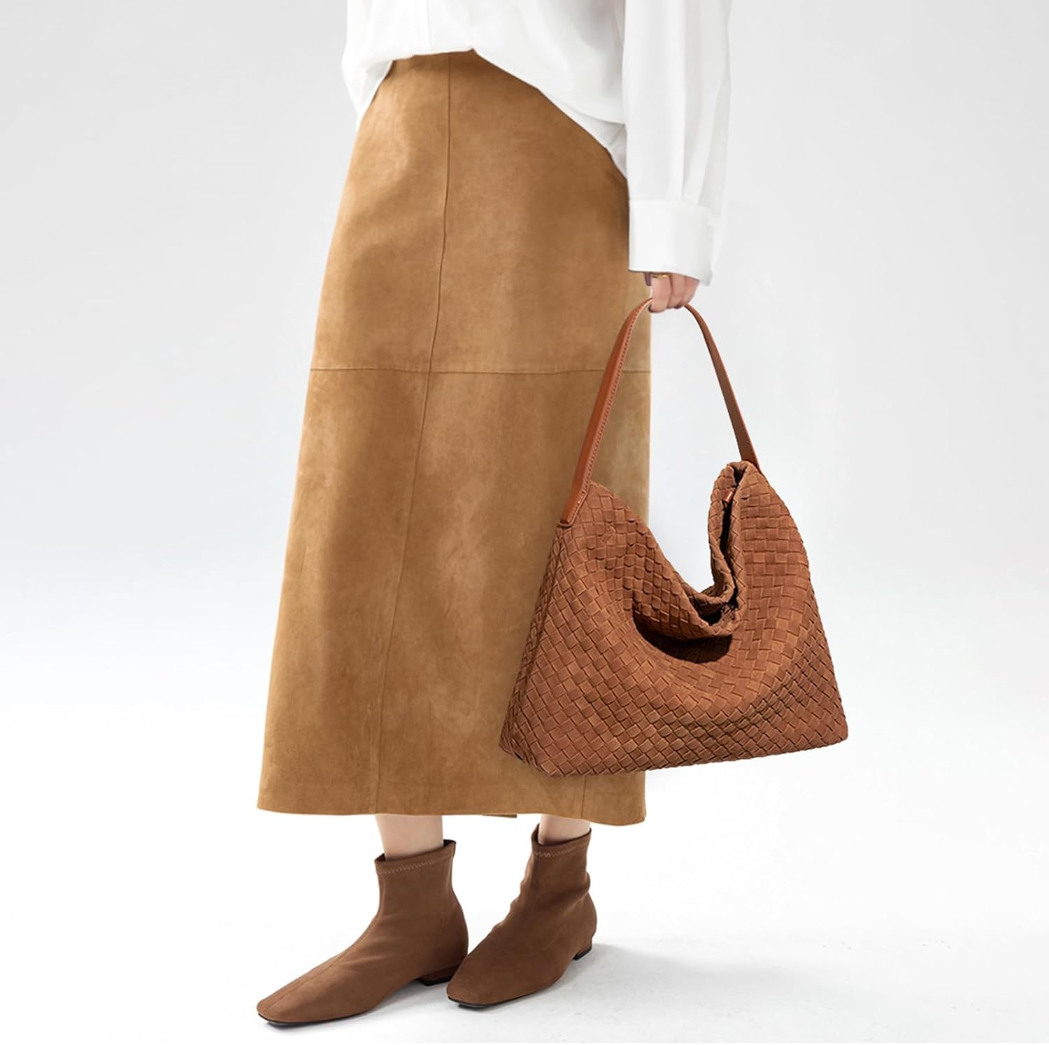 Woven Hobo Purse Suede Bag for Women, Crossbody Tote Bag Slouchy Shoulderbag with Leather Handle | Lightweight