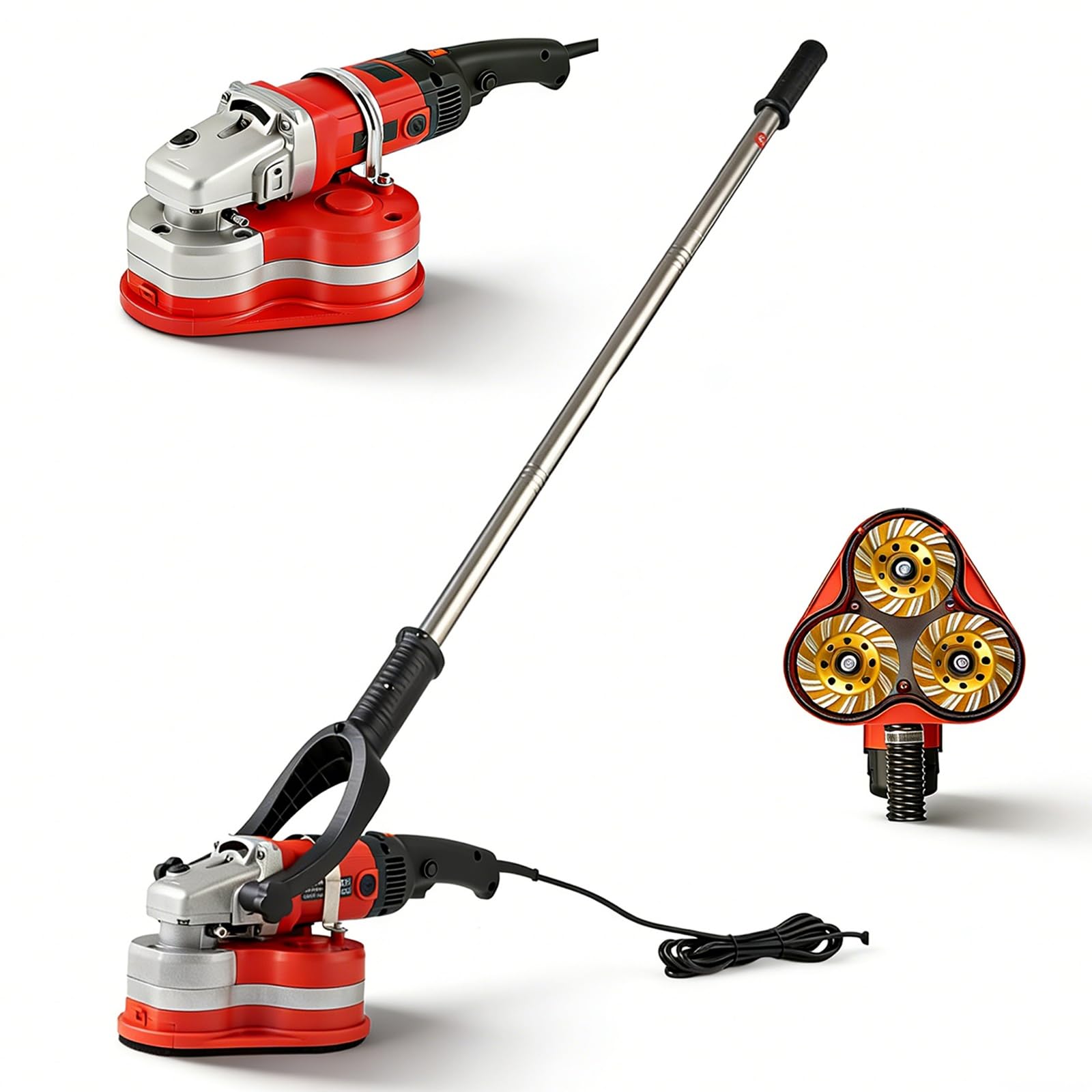 Himopuer One Color 3-Head Concrete Grinder Set 4" Concrete Floor Grinder 3800W Concrete Planer With 6 Speed Control & Dust Extraction Shroud For Grinding Concrete Cement Marble Granite(Extension Rod Set)