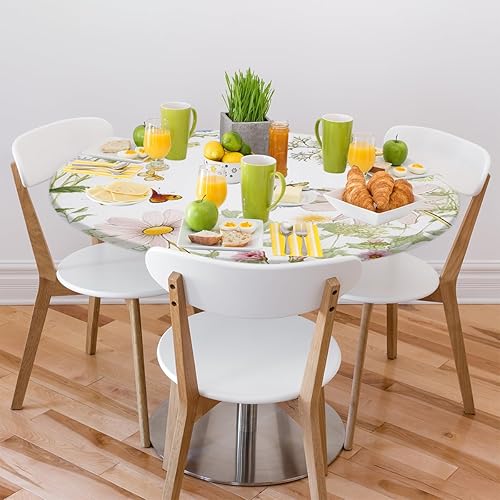 Vista 307 de Mantel redondo ajustable con borde elástico, mantel de hojas coloridas abstractas, impermeable, lavable, para mesas redondas, ideal para picnic