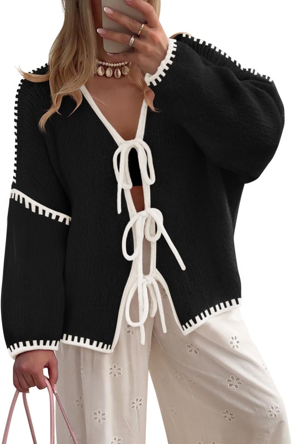 ZESICA Crdigans for Women Trendy 2026 Tie Front Bow Sweaters Casual Long Sleeve Winter Clothing Coats