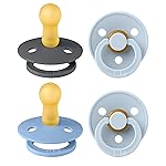 BIBS Pacifiers - Colour 4 Pack | Round Nipple Baby Pacifier | BPA Free Natural Rubber Latex Soother | Made in Denmark | Size 6-18 Months | Blue Colors