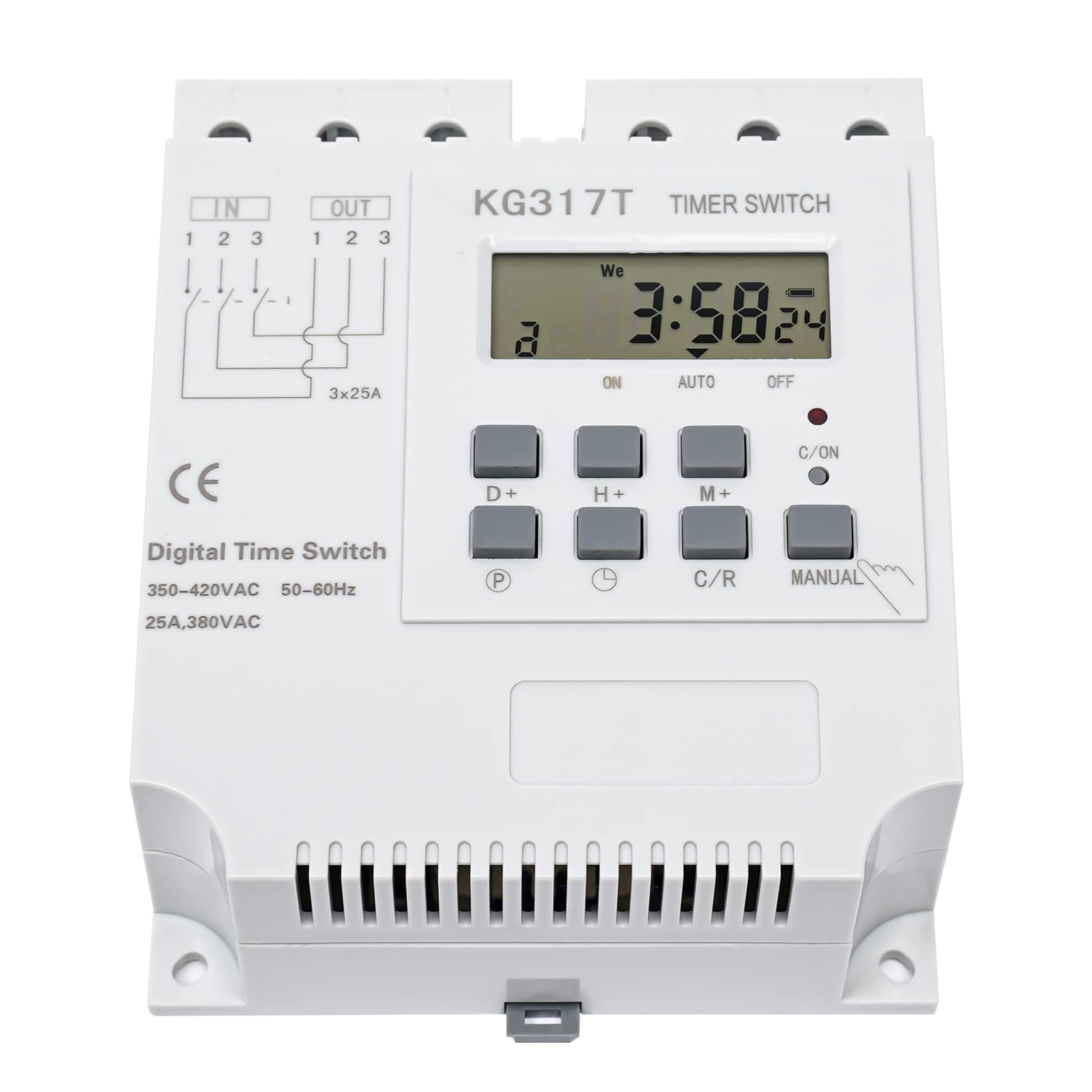 Timer digitale 25 A 380 V con display LCD, 30 programmi/giorno, protezione da interruzione di corrente (6 mesi) - Timer settimanale per pubblicità, illuminazione, industria e commerciale